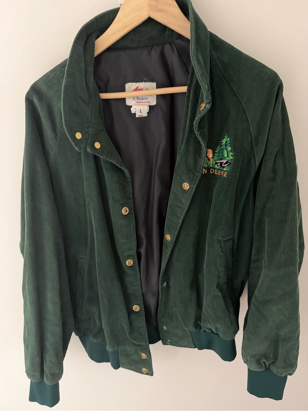 John Deere Dark Green Corduroy Bomber Jacket with Embroidered Logo